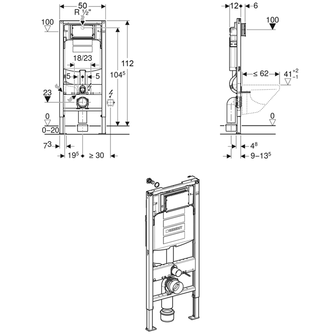 Geberit Duofix 1120mm WC Frame With Sigma 120mm Concealed Cistern