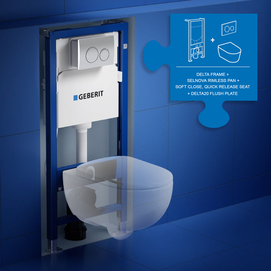 Geberit Wall Hung 4-in-1 Frame, Flush Plate, Selnova Rimless Pan & Soft Close Seat Pack