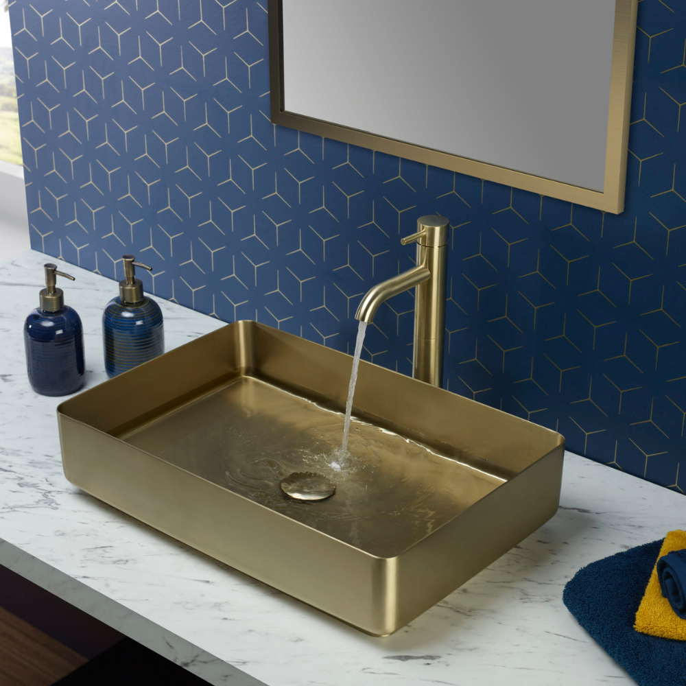 JTP Vos Stainless Steel Rectangular Countertop Basin In Brushed Brass