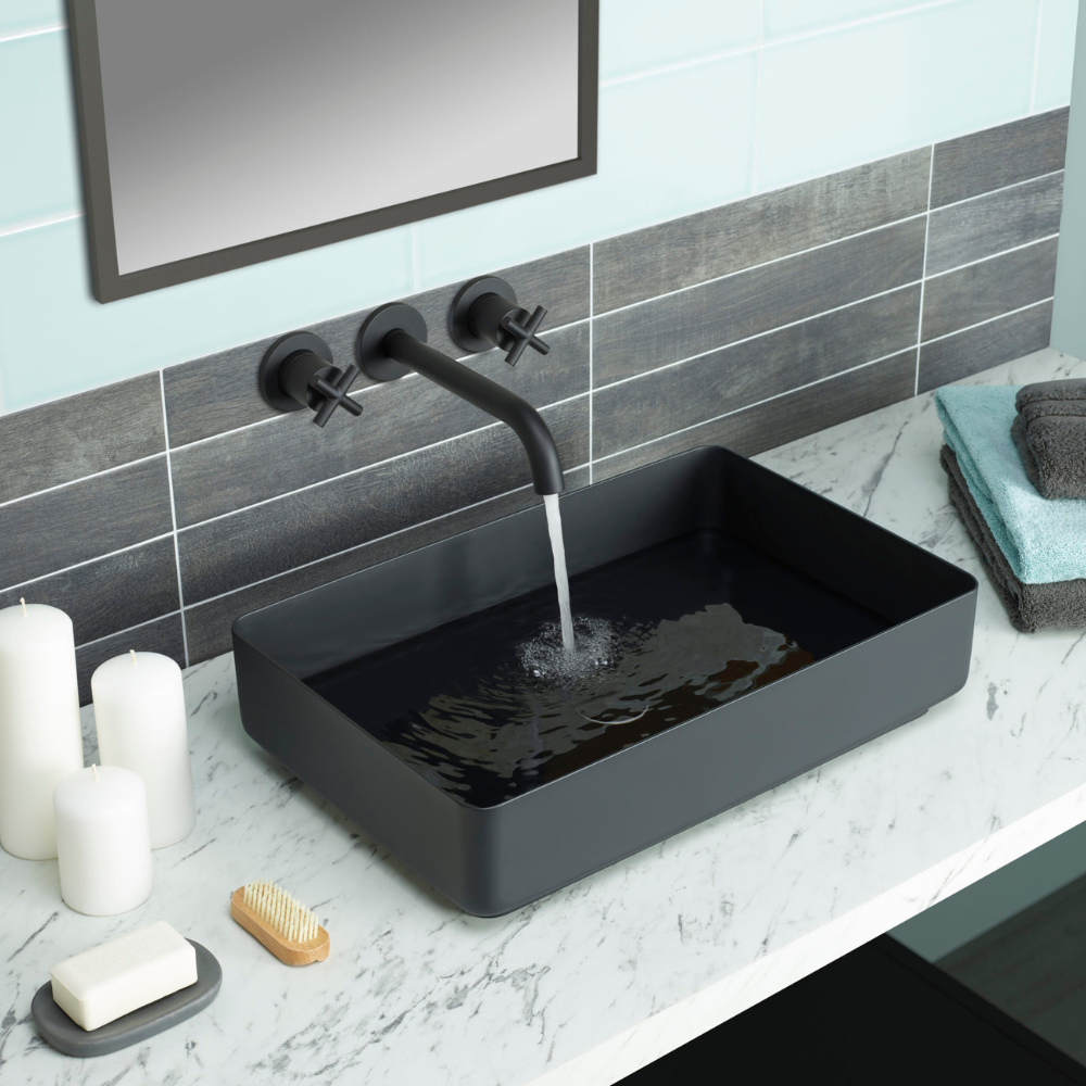 JTP Vos Stainless Steel Rectangular Countertop Basin In Matt Black