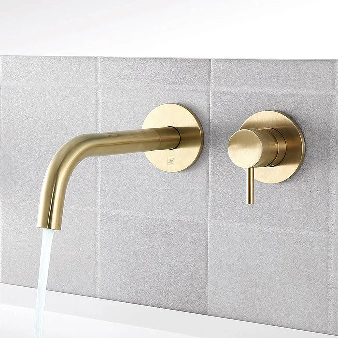 JTP Vos Single Lever Wall Mounted Basin Mixer With Spout In Brushed Brass