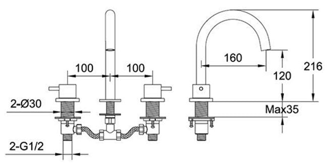 JTP Vos 3 Hole Deck Mounted Basin Mixer In Brushed Brass