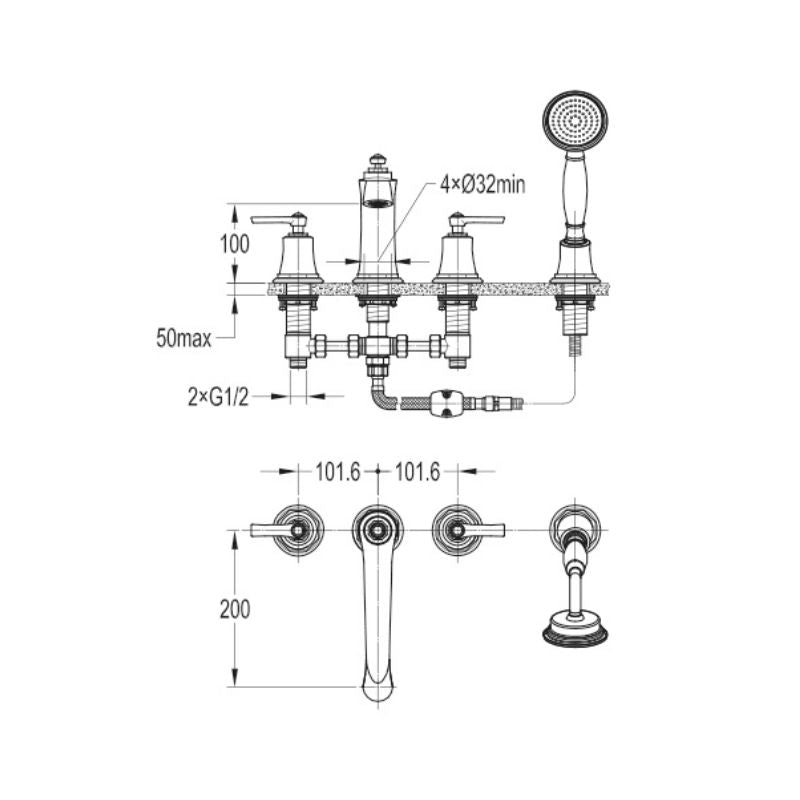 Flova Liberty 4-Hole Deck Mounted Bath And Shower Mixer