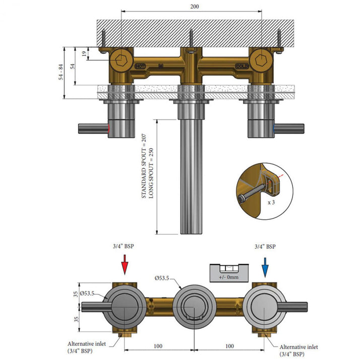 Swadling Absolute 3 Hole Wall Mounted Bath Tap