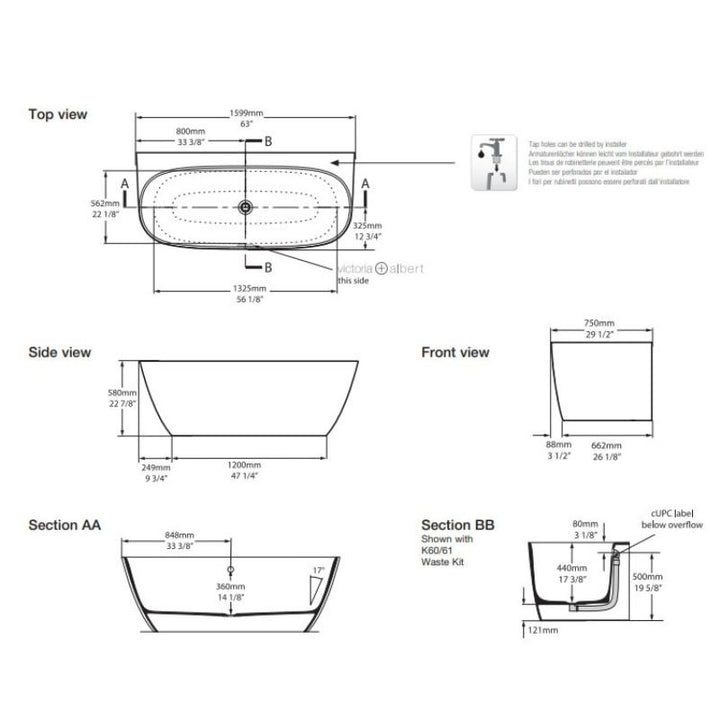 Victoria + Albert Lussari 1600mm Back To Wall Freestanding Bath