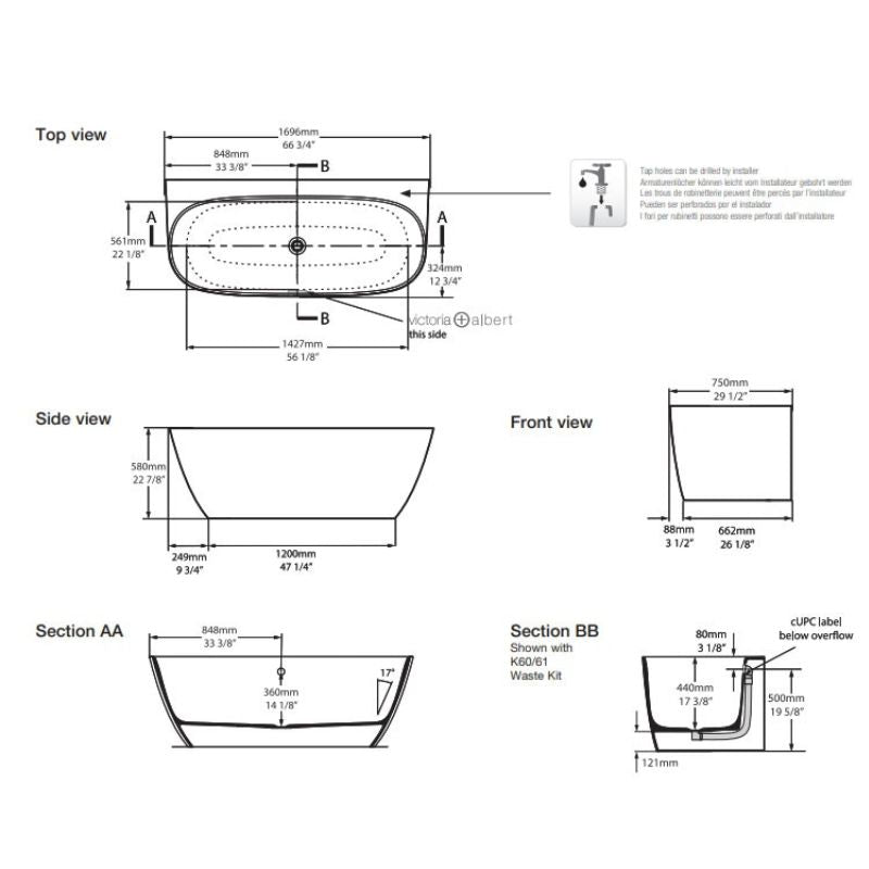 Victoria + Albert Lussari 1700mm Back To Wall Freestanding Bath