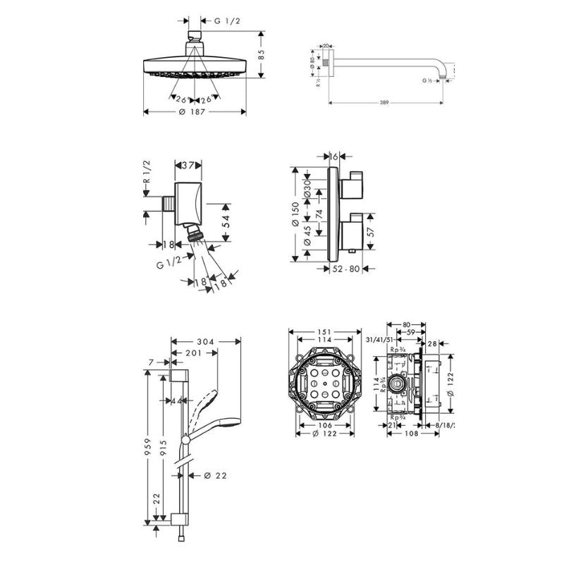 Hansgrohe Round Valve with Croma Select (180) Overhead and Rail Kit