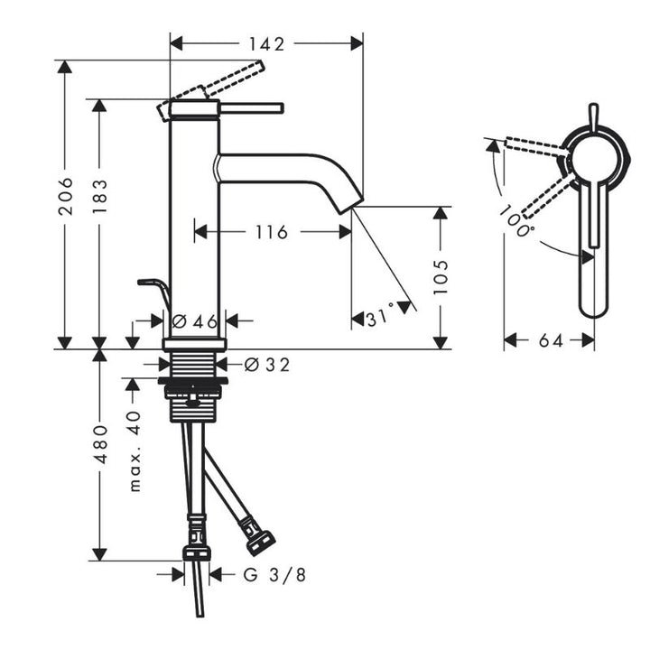 Hansgrohe Tecturis S Basin Mixer With Pop-Up Waste In Chrome