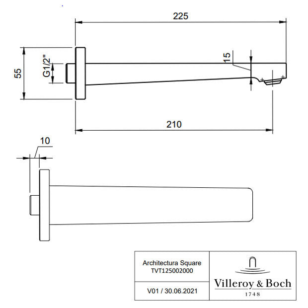 Villeroy & Boch Architectura Wall Mounted Square Bath Spout Matt Black