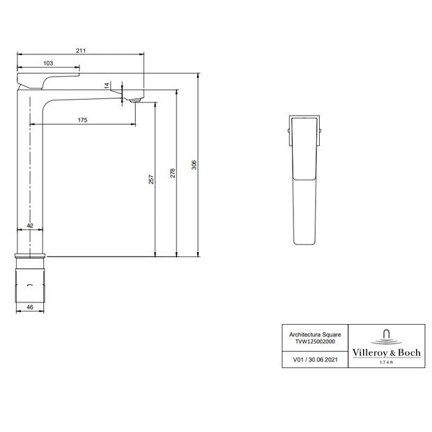 Villeroy & Boch Architectura Square Tall Single Lever Basin Mixer In Chrome