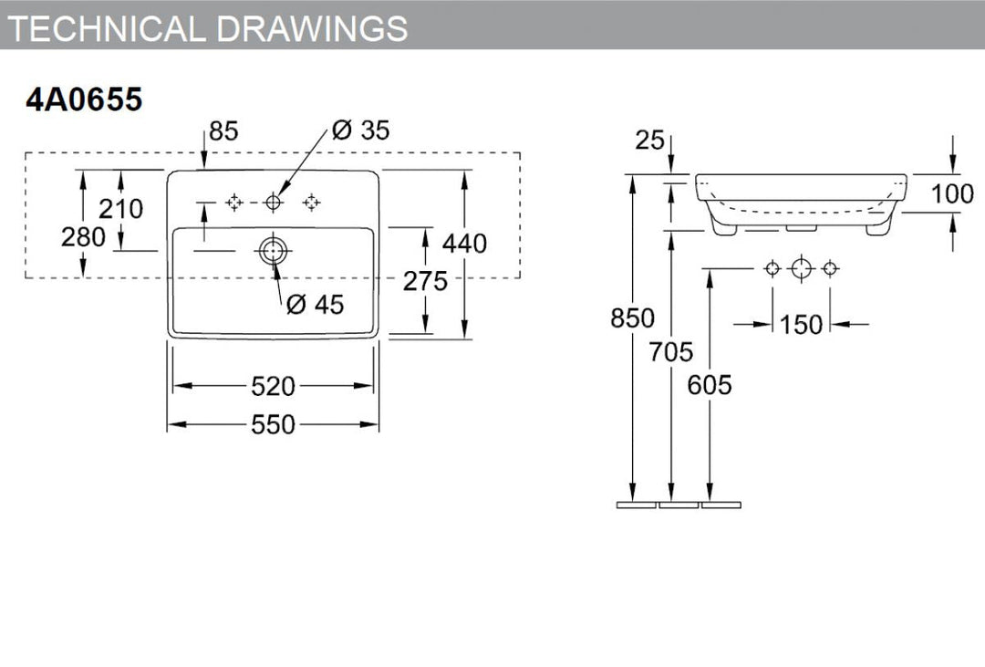 Villeroy & Boch Avento 550 x 440mm 1TH Semi-Recessed Basin