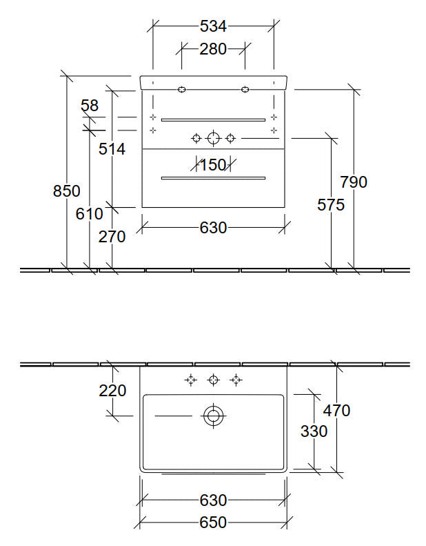 Villeroy & Boch Avento 650mm Wall Hung 2 Drawer Vanity Unit & Washbasin