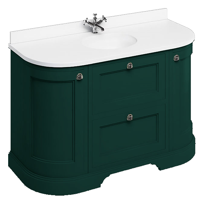 Burlington 1340mm Freestanding Vanity Unit Matt Green with Drawers & Minerva Curved Worktop