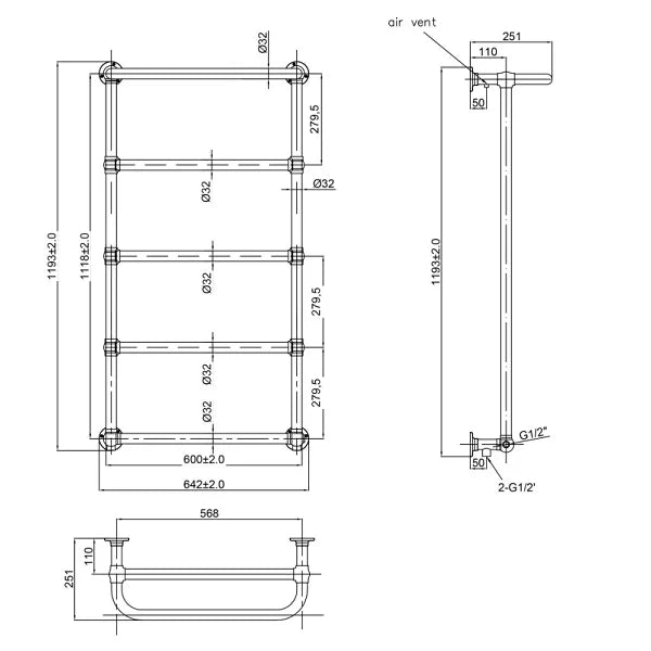 JTP Grosvenor 1193 x 600mm Radiator In Brushed Brass