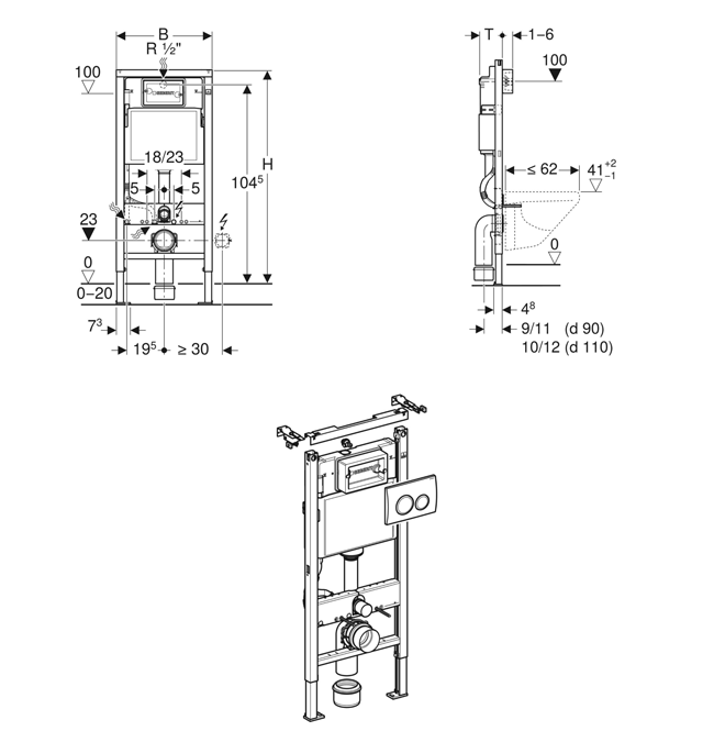 Geberit Duofix Delta 112cm Frame & Cistern with Delta20 Flush Plate Chrome