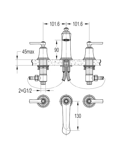 Flova Liberty 3-Hole Deck Mounted Basin Mixer With Clicker Waste