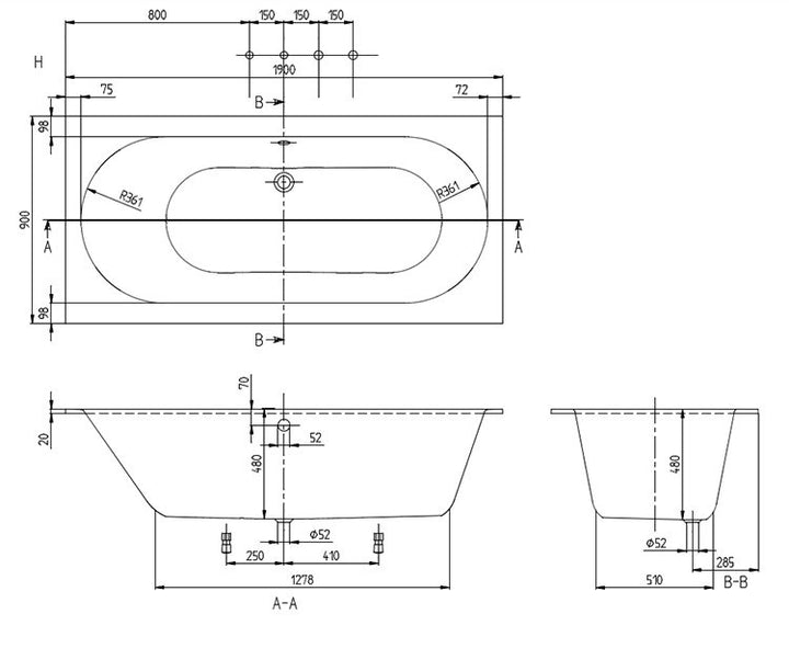 Villeroy & Boch Oberon 1900 x 900mm Double Ended Rectangular Bath