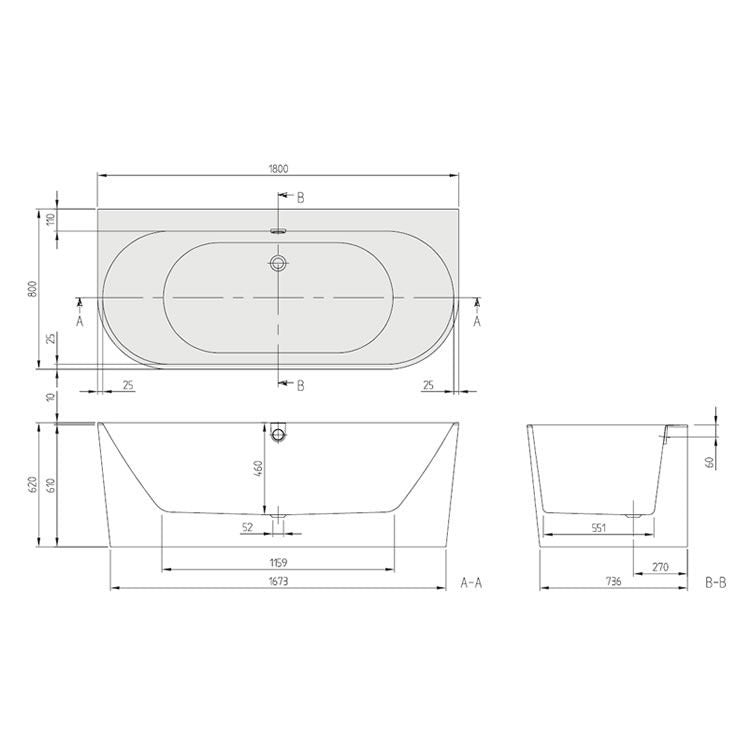 Villeroy & Boch Oberon 2.0 1800 x 800mm Back To Wall Bath