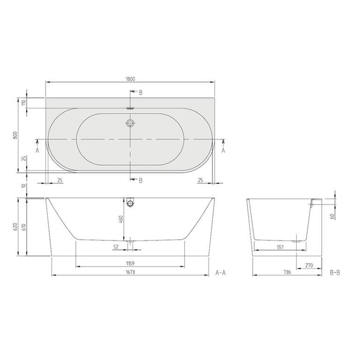 Villeroy & Boch Oberon 2.0 1800 x 800mm Back To Wall Bath