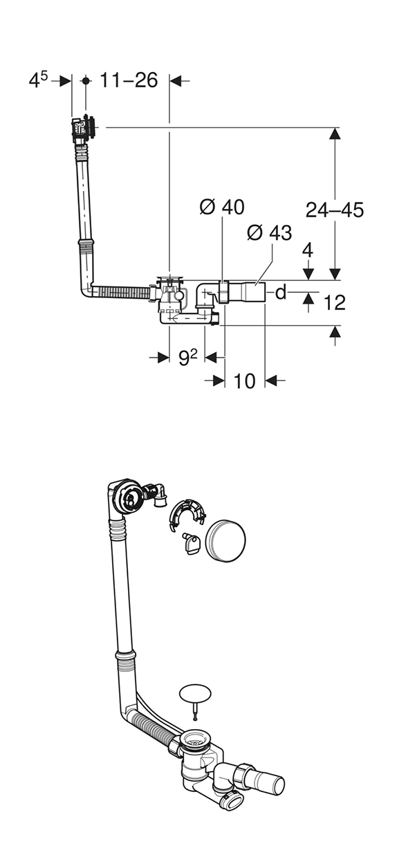 Geberit Overflow Bath Filler With Turn Control Pop Up Waste In Chrome - Standard