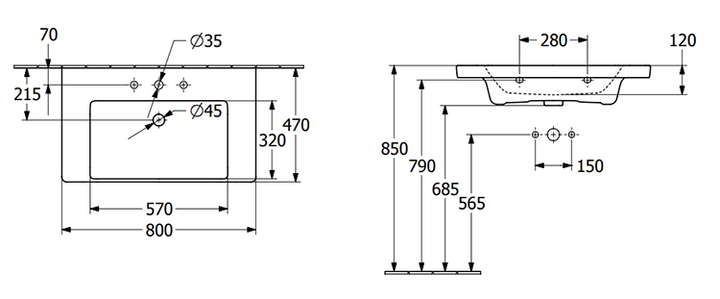 Villeroy & Boch Subway 3.0 800mm Wall Hung 2 Drawer Vanity Unit & Basin with LED Lighting