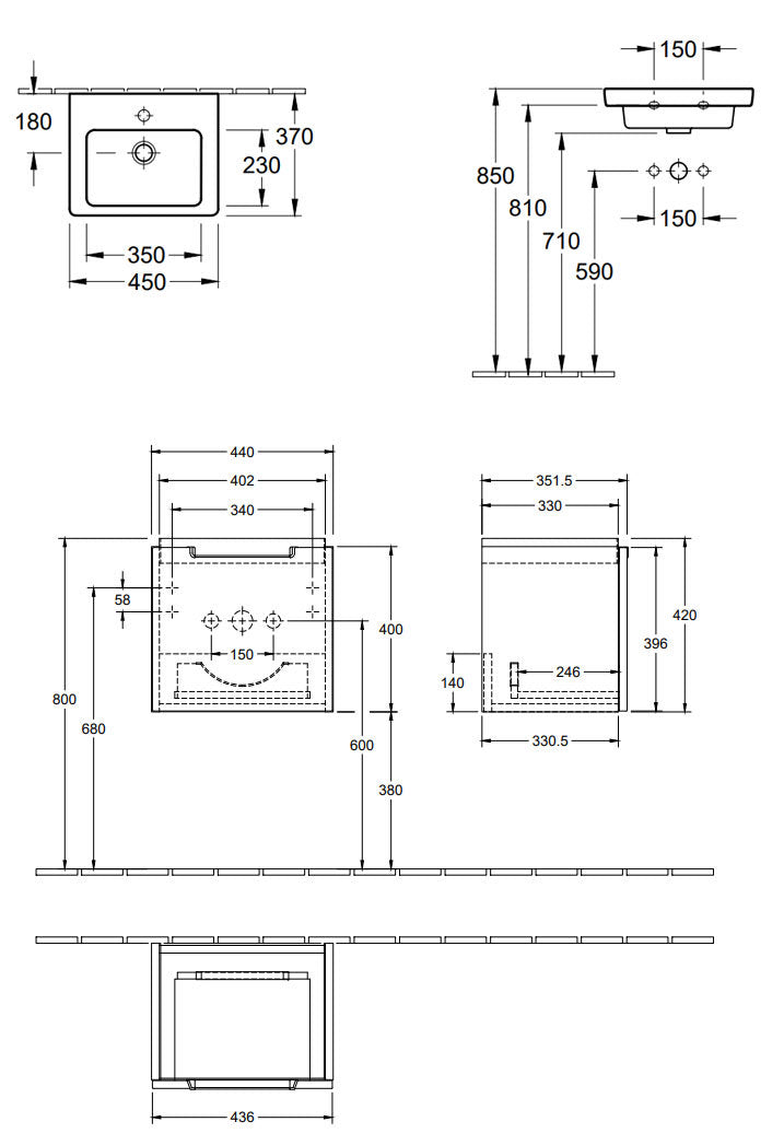 Villeroy & Boch Subway 2.0 450mm Wall Hung 1 Drawer Vanity Unit & Basin