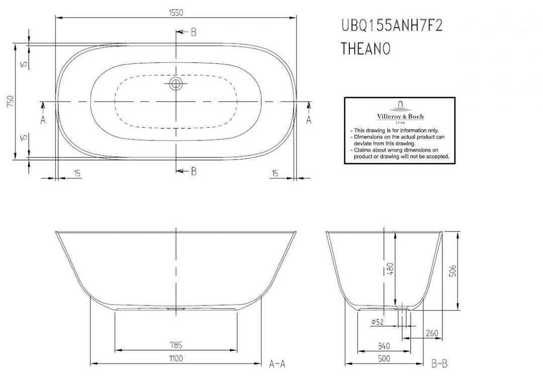 Villeroy & Boch Theano Solo 1550 x 750 Freestanding Bath