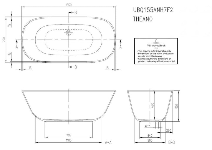 Villeroy & Boch Theano Solo 1550 x 750 Freestanding Bath