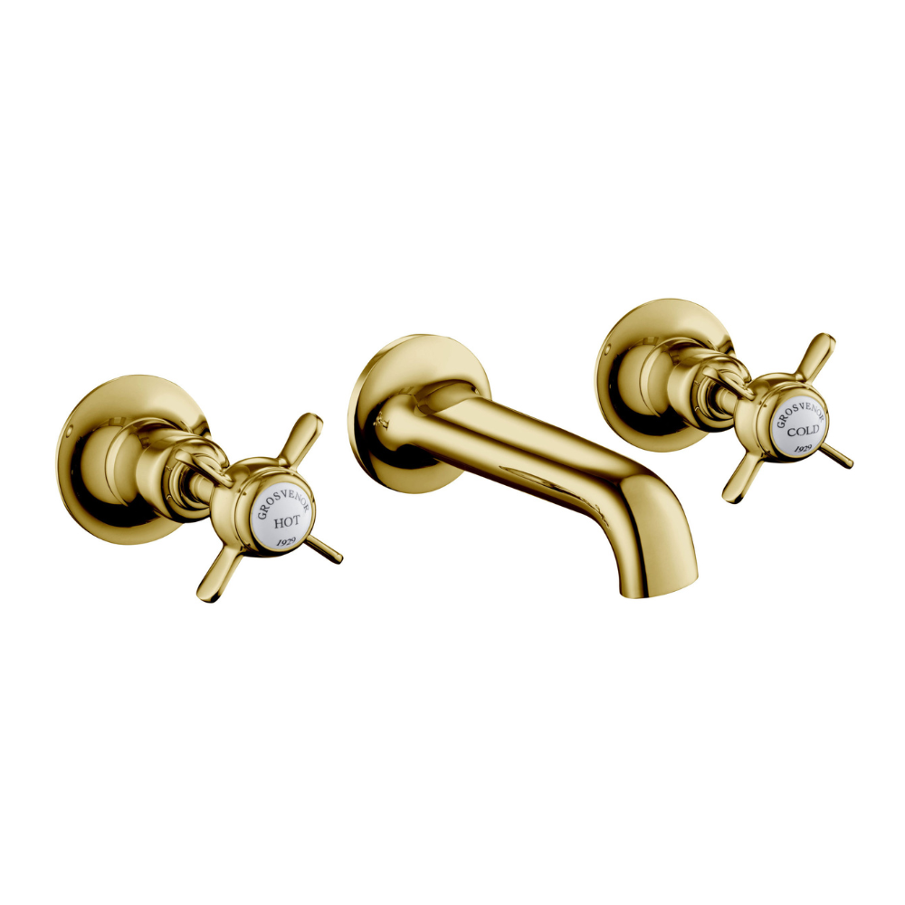 JTP Grosvenor Pinch 3 Hole Wall Mounted Basin Mixer In Antique Brass