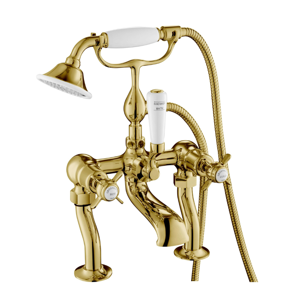 JTP Grosvenor Pinch Deck Mounted Bath Shower Mixer With Kit In Antique Brass