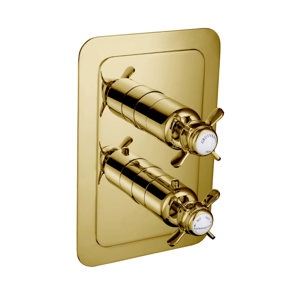 JTP Grosvenor Pinch 2 Outlet 2 Handle Thermostatic Shower Valve In Antique Brass