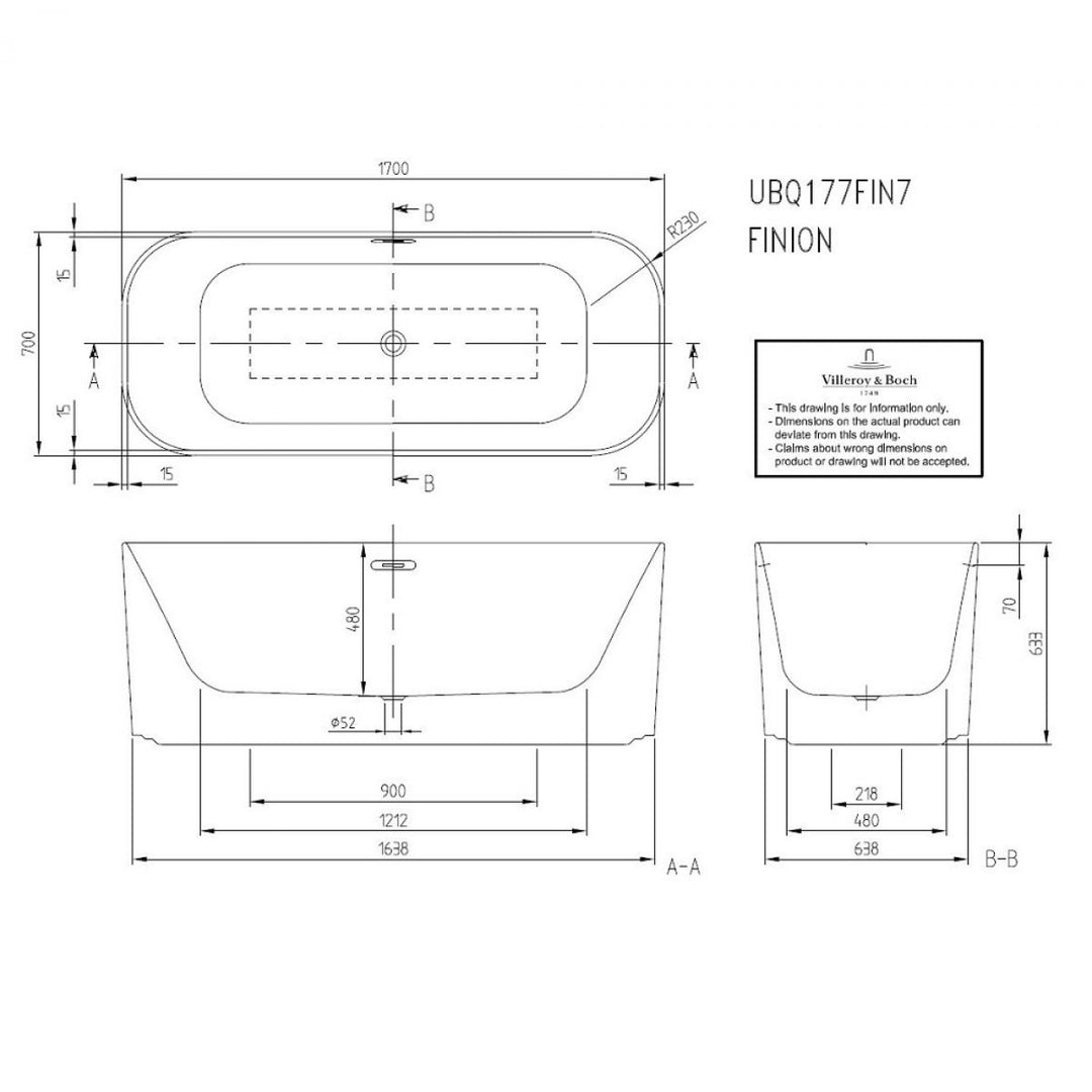 Villeroy & Boch Finion 1700mm Freestanding Bath With Design Ring & Emotion Feature