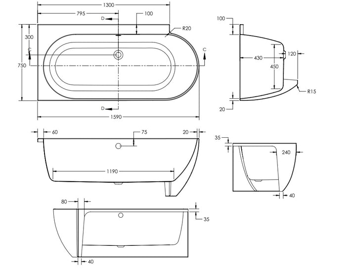 Waters Space Ebb 1590mm Single Ended Shower Bath