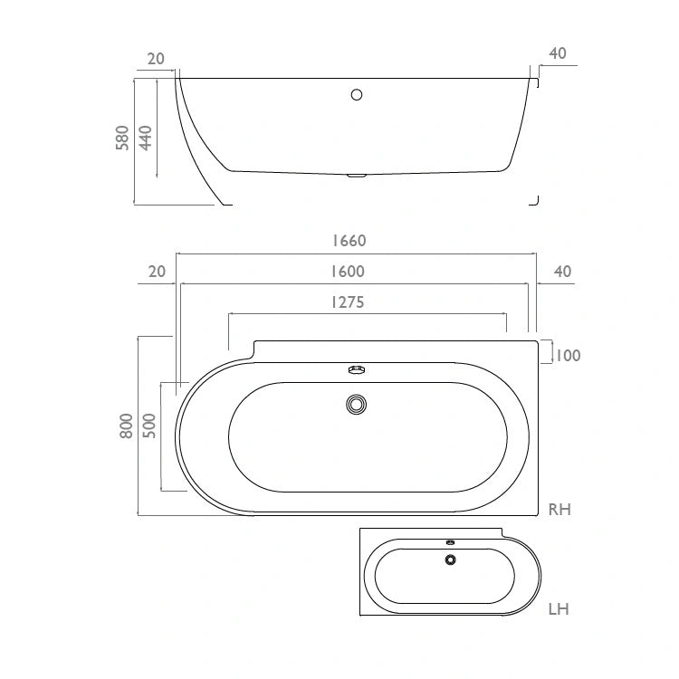 Waters Space Ebb 1660mm Single Ended Shower Bath