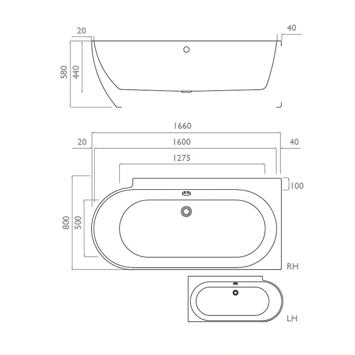 Waters Space Ebb 1660mm Single Ended Shower Bath