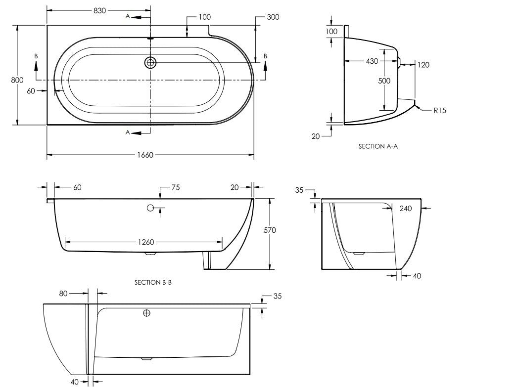 Waters Space Ebb 1660mm Single Ended Shower Bath