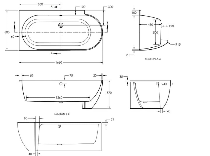 Waters Space Ebb 1660mm Single Ended Shower Bath