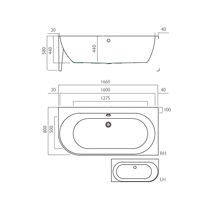 Waters Space Flow 1660mm Single Ended Shower Bath