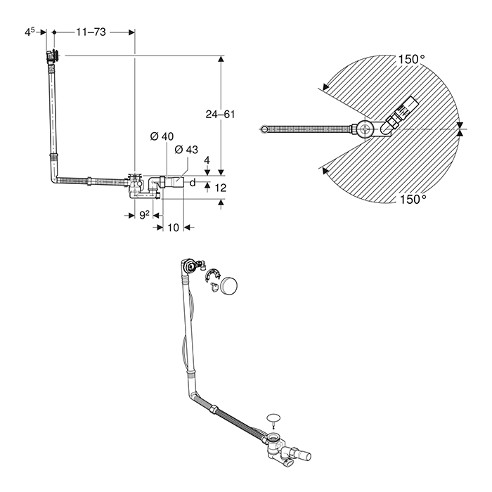 Geberit Overflow Bath Filler With Turn Control Pop Up Waste In Chrome - Extended