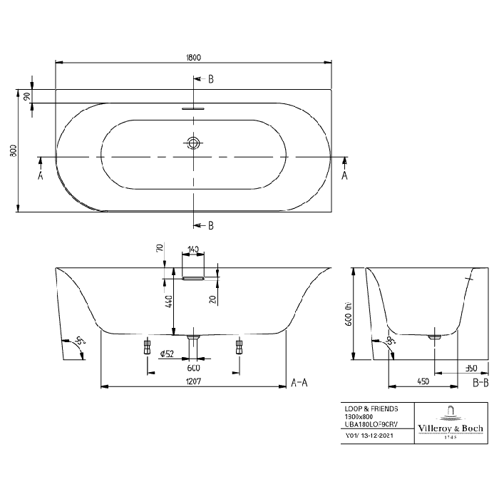 Villeroy & Boch Loop & Friends 1800 x 800mm Back-To-Wall Oval Corner Bath